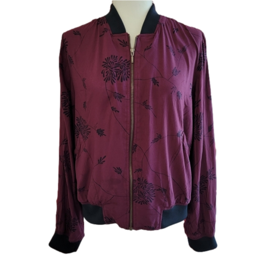 Plum w/Floral Indigo Print Sonoma Lightweight Bomber Jacket Size M EUC